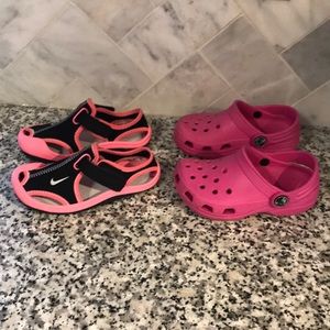 Nike water moccasins and Crocs
